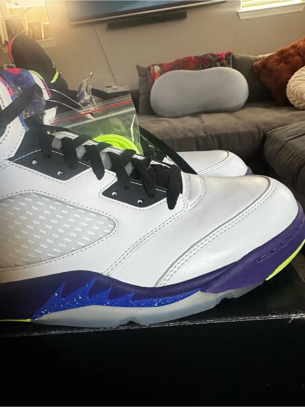 Air Jordan retro 5 men’s Sneakers with Black, Purple & Neon Green Accents